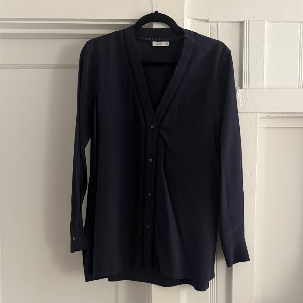 Vince Navy Silk Button-Up Blouse